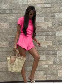2pcs Women Solid Color Summer New Casual Sweet Knit Round Neck Short Sleeve Top & Ruffled Hem Shorts Loungewear Set, Suitable For Home Use