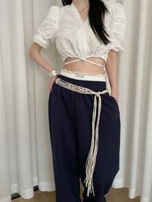 1pc Beige Handmade Beaded Waist Rope For Women, Made Of Polyester - Beige - View 4