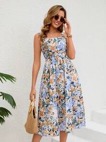 女士优雅日常度假柠檬印花褶饰胸围吊带中长连衣裙，独立日、派对、茶会休闲夏季服装 - 彩色 - 查看 1