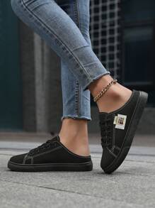 Women's Solid Canvas Slippers, Platform Round Toe All-Match Lace Up Breathable Slip On Shoes, Women's Footwear