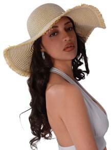 1pc Grass Edge Banding Women Solid Boho Straw Hat For Vacation Fashionable Women's Spring/Summer Beach Hat With Wide Brim, Sun Protection, And Personalized Woven Straw Hat For Travel And Vacation Bow