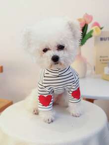 PETCIRCLE 1 件适合小型犬和幼犬的宠物衣服，可爱心形设计黑白条纹汗衫 - 黑色 - 查看 2