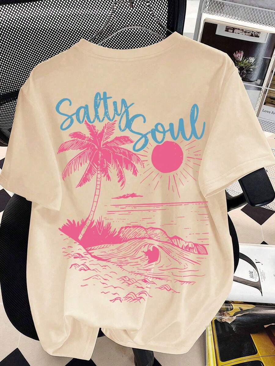 Teen Girl Sea View And SLogan Print Graphic Tees For Girl Short Sleeve T Shirts,Teen Girl's Summer Tops Crewneck Shirt Blouse,Suitable For School, Vacation And Shopping Outfits