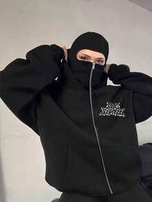 Autumn And Winter Women's Retro Fashion Balaclava Cavalry Double-Layer Hoodie - Black - View 11