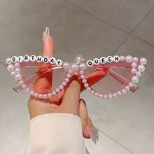 1 Pair Women's New Full Frame Cat Eye Style Glasses Fashion 'Birthday Queen' Letter Frame Retro White Glasses Artificial Pearl Decoration Multi-Color Unique Glasses Suitable For Birthday Party - 黑灰色 - 查看 2