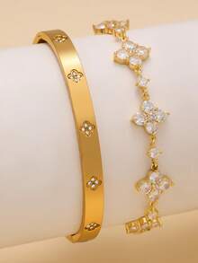 Elegant And Fashionable Luxury Stainless Steel Clover Zirconia Women's Bracelet Set, Suitable For Daily Stacking And As A Gift For Friends - Yellow Gold - View 13