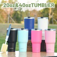 watersy 1 Stück WATERSY 20oz 40oz Thermobecher mit Deckel, doppelwandiger vakuumisolierter Edelstahltumbler, isolierter Kaffeebecher, pulverbeschichteter Thermosbecher mit Deckel, Strohhalm und Reinigungsbürste, spülmaschinenfest