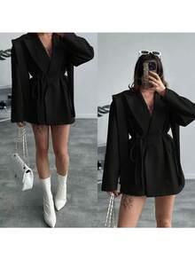 女士纯色翻领长袖宽松休闲西装外套，优雅春季穿搭，秋季女装 - 黑色 - 查看 5