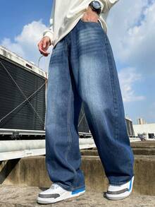 Hearty Haven 1pc Vintage Washed Retro High Street Straight Leg Loose Casual Baggy Wide Leg Dragging Jeans For Men, With Distressed Hem - Royal Blue - View 4
