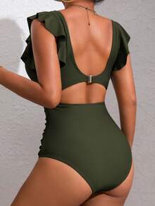新款时尚高端性感纯色比基尼、温泉沙滩装女式连体泳衣 - 軍綠色 - 查看 2