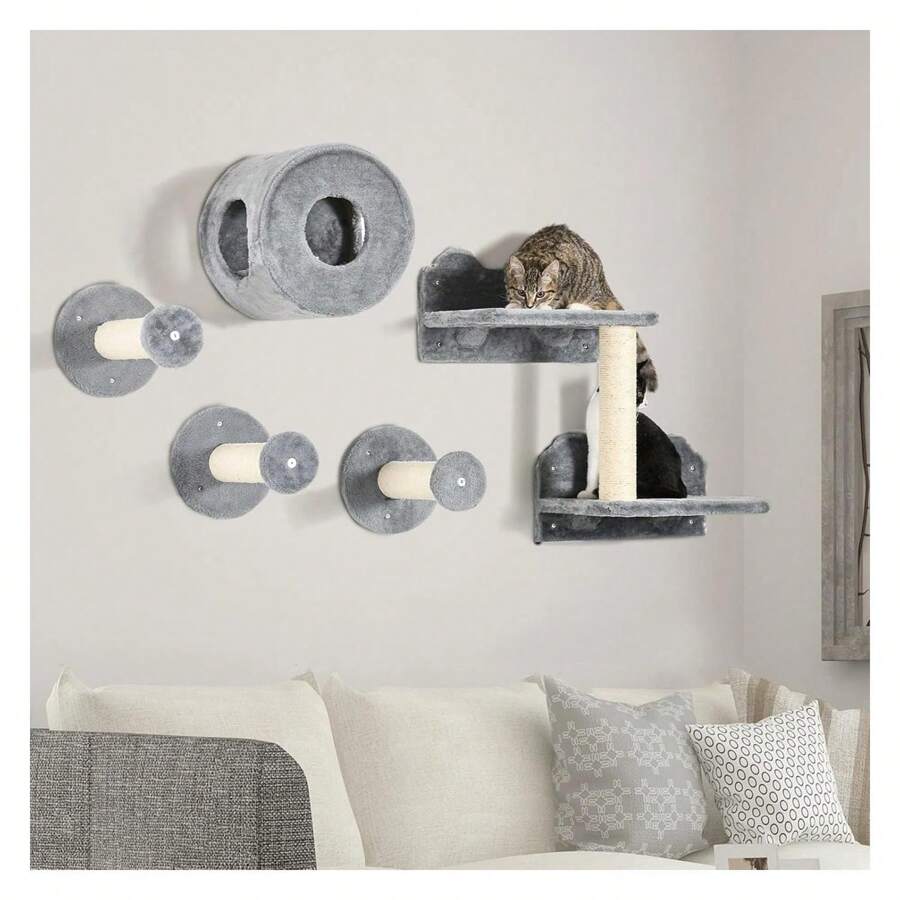 Wall Mounted Cat Furniture - 5PCs Cat Wall Shelves, Luxury Stable Wooden Cat Climber With Condo, Cushion, Scratching Post, Jumping Platform, Kittens, Elderly Cats, Adult Cats