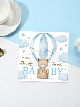 48pcs 33*33CM/12.99*12.99IN Disposable Party Napkins, Cute Blue Hot Air Balloon & Bear Pattern Paper Napkins, Suitable For Various Birthday, Christening Parties And Daily Use