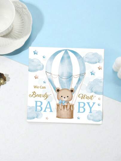 48 adet 33*33CM/12.99*12.99IN Tek Kullanımlık Parti Peçeteleri, Sevimli Mavi Sıcak Hava Balonu ve Ayı Desenli Kağıt Peçeteler, Çeşitli Doğum Günü, Vaftiz Partileri ve Günlük Kullanım İçin Uygundur