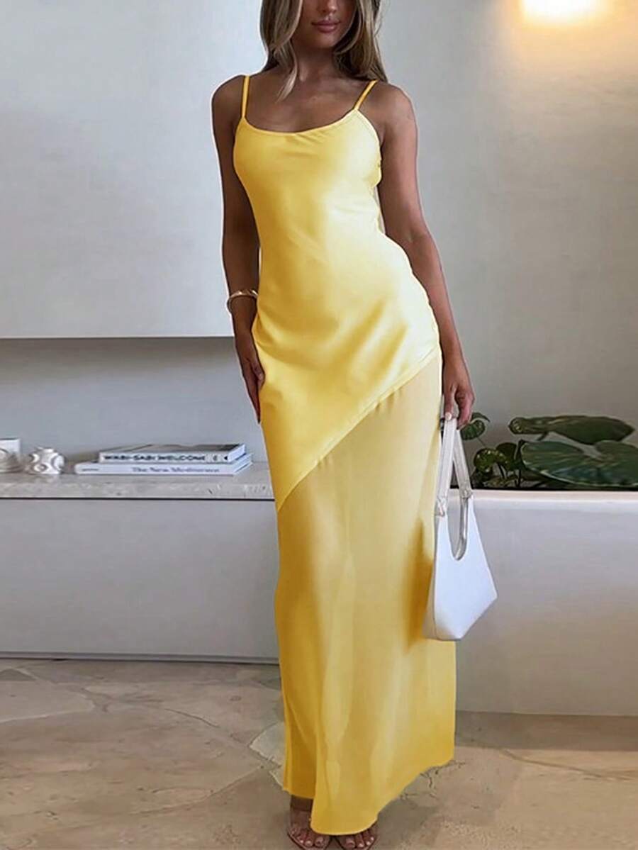 Sexy & Elegant Fitted Satin & Mesh Patchwork Slip Dress, Party Dress, For Cocktail - Yellow - View 1