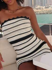 Apperloth A Boho Series Strapless Fitted Bodycon Sexy Hollow Out Black & White Colorblock Jacquard Midi Wave Lace Dress - 黑與白 - 查看 1