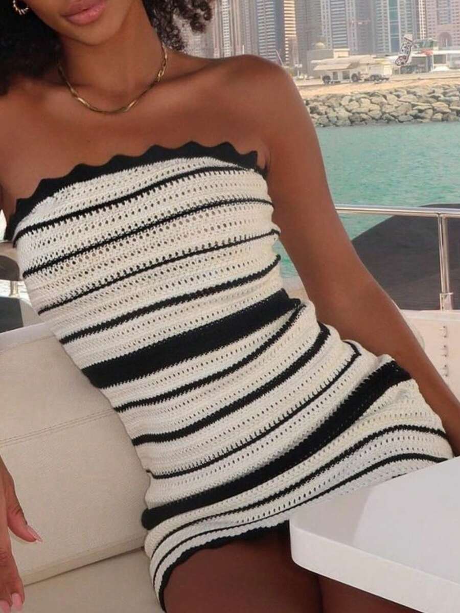 Apperloth A Boho Series Strapless Fitted Bodycon Sexy Hollow Out Black & White Colorblock Jacquard Midi Wave Lace Dress - 黑與白 - 查看 1