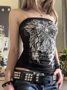 Women's Strapless Tops Vintage Wing Print Slim Fit Crop Tube T-Shirt - Black - View 3