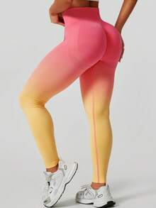 Summer Workout Women's Fashion Ombre Peach Butt Lifting Seamless High Waist Shapewear Leggings - Yellow - View 4