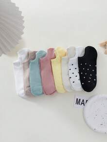 10 Pairs Random Women Retro Dot & Solid Color Cute Non-Slip Breathable Low-Cut Boat Socks - Multicolor - View 5