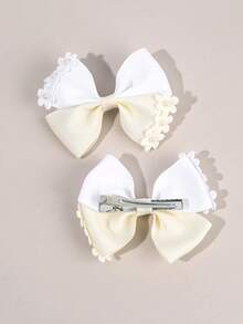2pcs Flower Hair Bow Clips For Girls, Beige Bow Alligator Clips With Pearls, Elegant Hair Grosgrain Ribbon Barrettes, Toddler Girl Pigtail Hair Clips, Spring Birthday Wedding Gift, Kids Floral Hair Accessories. - Beige - View 9