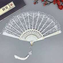 Quạt xếp ren hoa hồng, Quạt xếp mùa hè cho nữ, Quạt biểu diễn đám cưới, Quạt xếp phong cách cổ xưa dành riêng cho khiêu vũ, Quạt đạo cụ chụp ảnh Hanfu phong cách Trung Quốc - Quạt Hoa Hồng Trắng - Xem 10