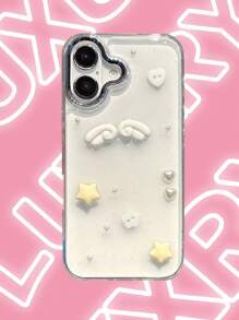 Funda de teléfono con alas de ángel de epoxi con brillo, estrellas y perlas falsas, compatible con iPhone 16, 15, 14, 13, 12 Pro Max, 11, con cubierta trasera protectora clara, resistente al agua, a los golpes y a los arañazos