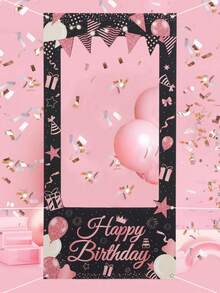 1 Set Black & Pink Themed Vinyl Photo Frame Backdrop, Birthday Party Photo Prop, Photo Decoration Frame, Happy Birthday Background, Indoor & Outdoor Decor, Party Decoration - Multicolor - View 2