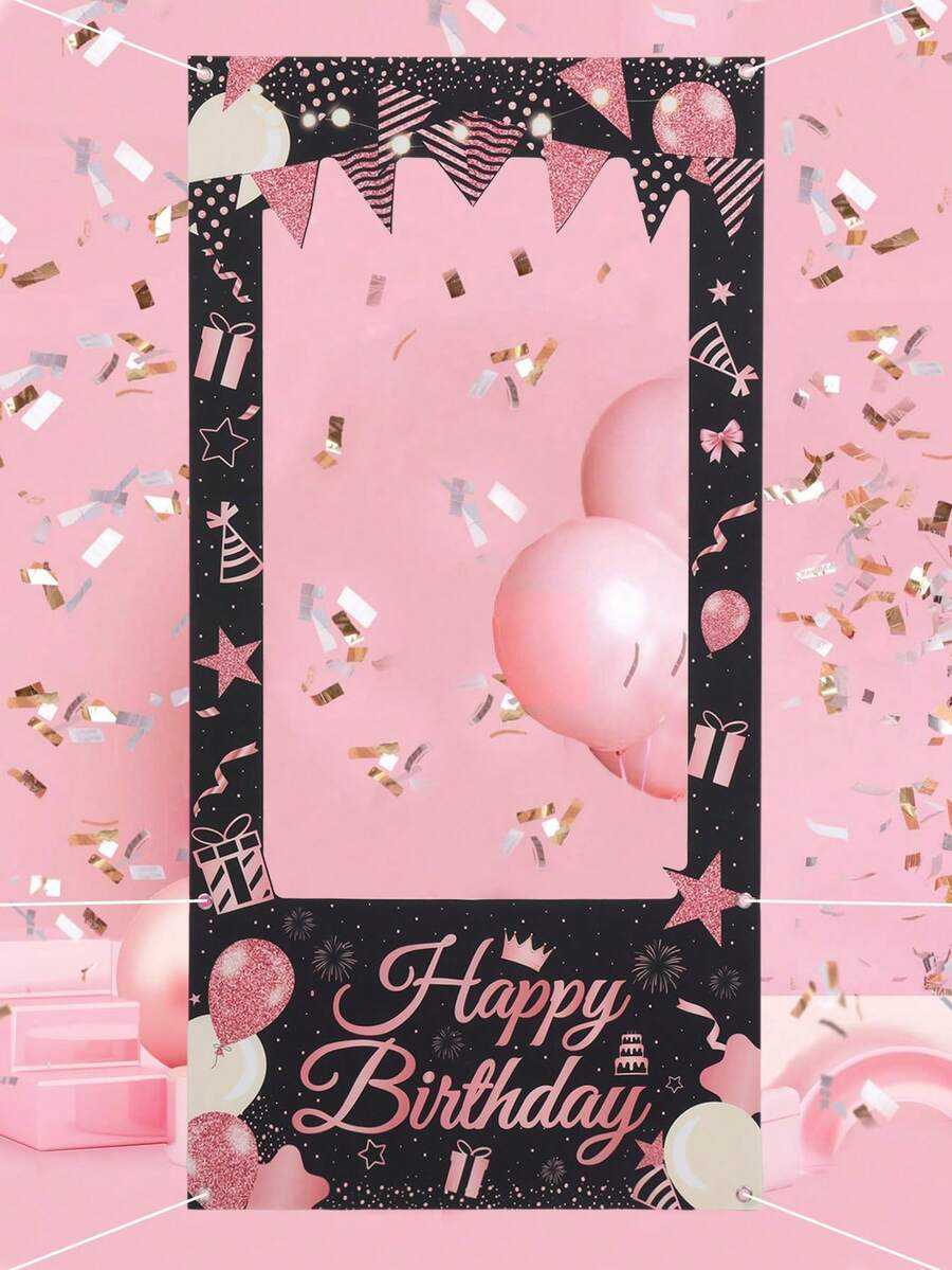 1 Set Black & Pink Themed Vinyl Photo Frame Backdrop, Birthday Party Photo Prop, Photo Decoration Frame, Happy Birthday Background, Indoor & Outdoor Decor, Party Decoration