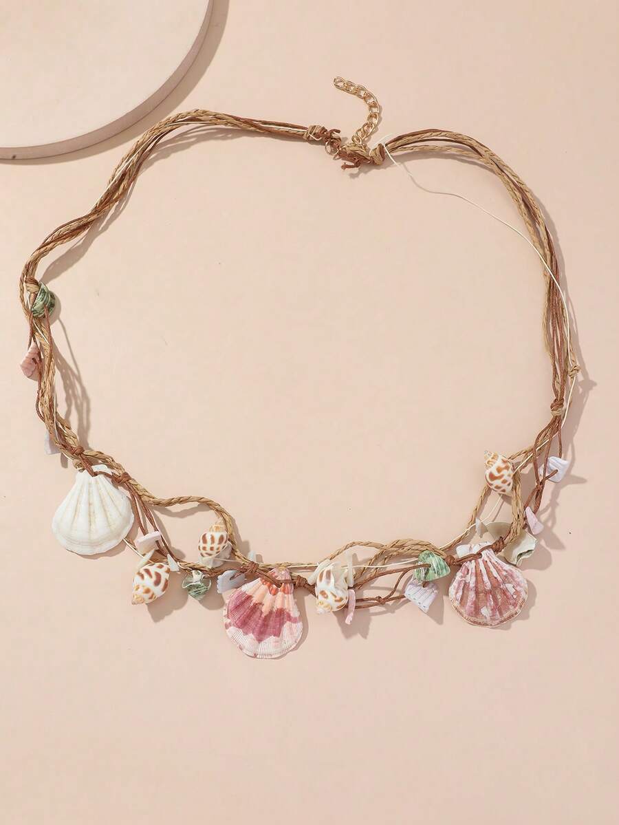 1 件天然贝壳和绳索项链，海滩度假风格