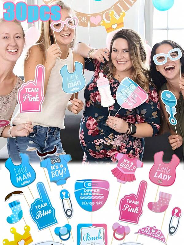 30/25 件性别揭示拍照道具男孩或女孩主题自拍道具婴儿派对性别预测装饰他或她摄影背景用于性别揭示婴儿派对用品