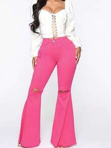 Pantalón acampanado rosa neón con diseño roto y corte acampanado atrevido y juvenil, adecuado para mujer Ropa de mujer de moda cintura alta, temperamento americano, diseño de personalidad, rodillas rotas, pelo rizado, pantalones vaqueros de campana, pantalones ajustados elásticos, pantalones delgados - Rosa Fucsia - Ver 1