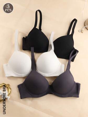 3 件装女士纯色钢圈文胸聚拢文胸 - 无衬垫，高支撑，防下垂成人款
