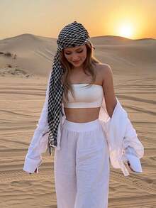 1 pieza Pañuelo cuadrado grande de mujer con estampado de cuadros de desierto estilo clásico, protección solar y a prueba de viento para uso unisex con flecos, adecuado para uso diario y al aire libre con vestidos - Negro - Ver 3