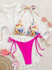 2 piezas Conjunto de bikini de tanga sexy con estampado de playa y patrón, con atar al cuello para mujer, para vacaciones - Rosa Fucsia - Ver 2