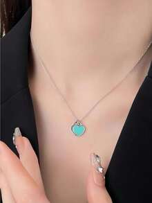 1 时尚爱心纯银项链滴油珐琅蓝红粉色锁骨链双女士心形吊坠适合常规服装送母亲节礼物