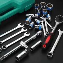Set completo di 46 strumenti per meccanici - Bussole lunghe e corte da 1/4", 3/8", 1/2", set di chiavi a cricchetto, bussole in acciaio S2 e cromo-vanadio, set da meccanico per auto e uso domestico, incluse chiavi combinate, accessori e cassetta portautensili