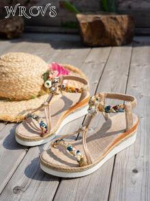 WRCVS 米色女士坡跟凉鞋，编织带，夏季厚底绳底手工串珠编织鞋，轻便厚底度假波西米亚风格高跟户外凉鞋