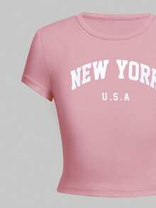 少女休闲字母印花T恤和裤子套装，夏季 - 淺粉色 - 查看 5