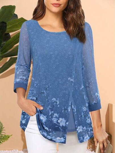 CheersLife 女士七分袖束腰上衣，休闲宽松版型，印花衬衫，侧边郁金香下摆，网纱叠层设计，春季款