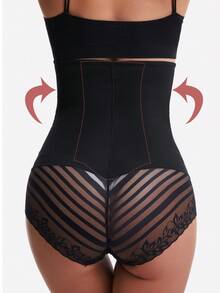 女士高腰蕾丝边塑身衣、收腹网眼内衣、压缩运动胸罩、提拉塑身提臀器、鱼网无缝塑身短裤 - 黑色 - 查看 6
