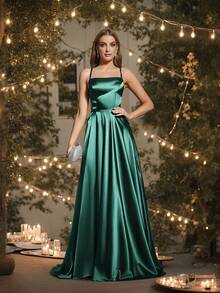 Babyonlinedress Women's Satin Prom Dress Spaghetti Straps Split Bridesmaid Long Formal Wedding Guest Evening Party Gowns - 墨綠色 - 查看 5