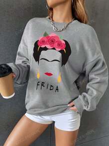 Sudadera de hombros caídos para mujer, estampado de artista mexicana, cuello redondo, holgada, para primavera y otoño, Super David Clothes