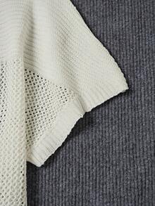 男士网眼拼布透视罩衫，休闲沙滩短袖针织上衣 - 白色 - 查看 5