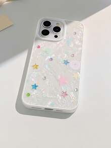 GUCADI 1 件白色贝壳图案彩色小星星 + 星星水晶装饰简约风格全身手机壳适用于 Apple 16/15/14/13/12/11 系列