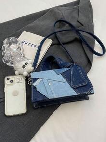 时尚流行的复古风格撞色手提包，撞色，多功能翻盖，轻便可调节肩带斜挎包，休闲简约的单肩包适合上下班、日常旅行、购物和约会。 - 藍色 - 查看 5