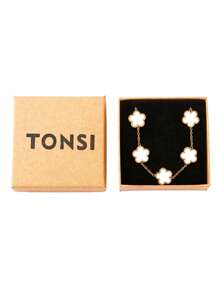 TONSI 1pc Elegant Minimalist Stainless Steel 18K Gold Plated 5-Leaf Clover Bracelet In Red, White, Black, Green Colors, Gift Box For Mother's Day, Wife, Teacher, Colleague