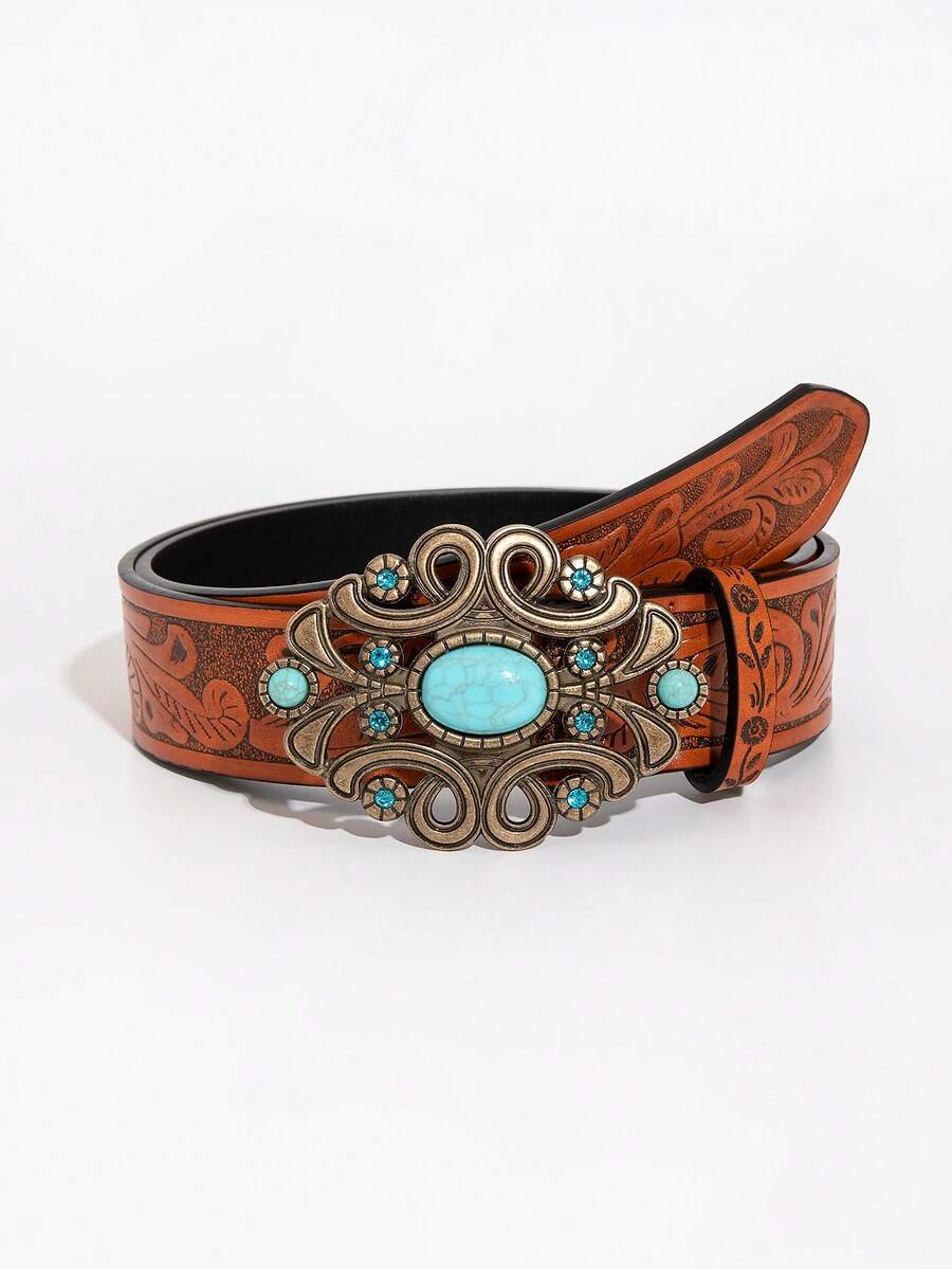 1pc Women's Vintage Casual Carved Buckle Brown Floral Embossed Waist Belt, Suitable For Everyday Wear - Flower Engraved Buckle Brown Flower Embossed - View 1