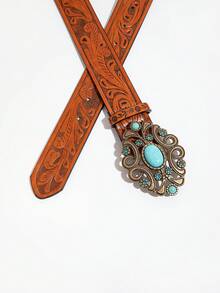 1pc Women's Vintage Casual Carved Buckle Brown Floral Embossed Waist Belt, Suitable For Everyday Wear - Flower Engraved Buckle Brown Flower Embossed - View 4