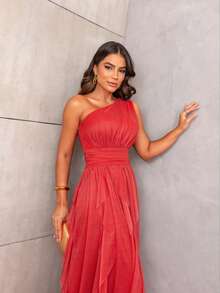 One-Shoulder Layered Bridesmaid Prom Dress - Rojo - Ver 3