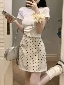 Falda medio cuerpo lunares vestidos cortos Moda verano casual versátil paquete cadera A-line falda corta - Albaricoque - Ver 3